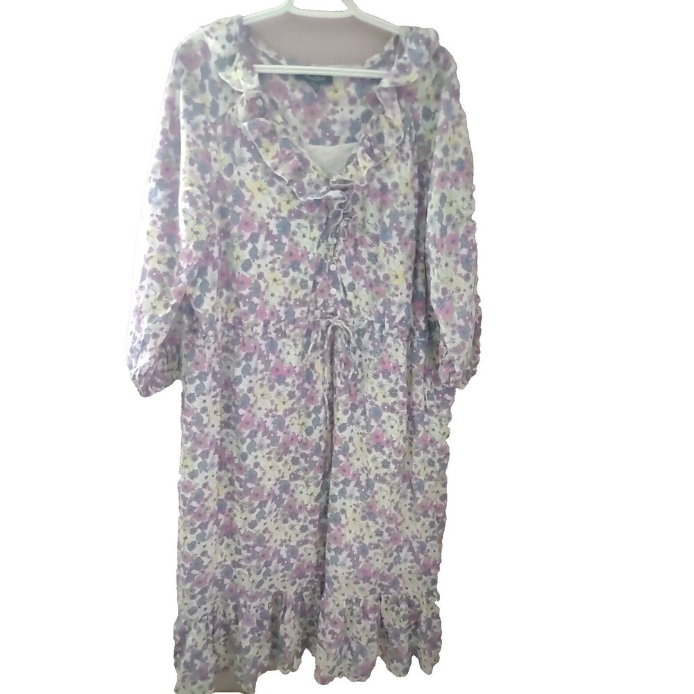 Floral Ruffle Neck Long Sleeve Midi Dress - Pink & Lavender